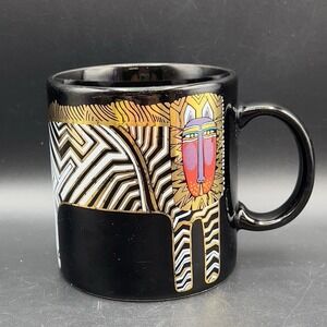 Laurel Burch Black Coffee Mug Lion Cat Animal Gold  Lack White